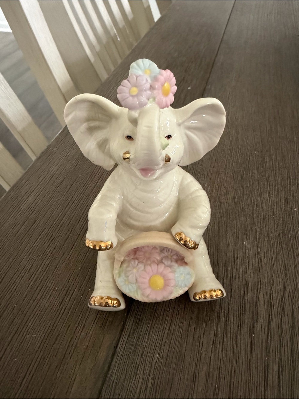 Lenox White Ceramic Elephant with Pastel Flower Accents and Gold Trim